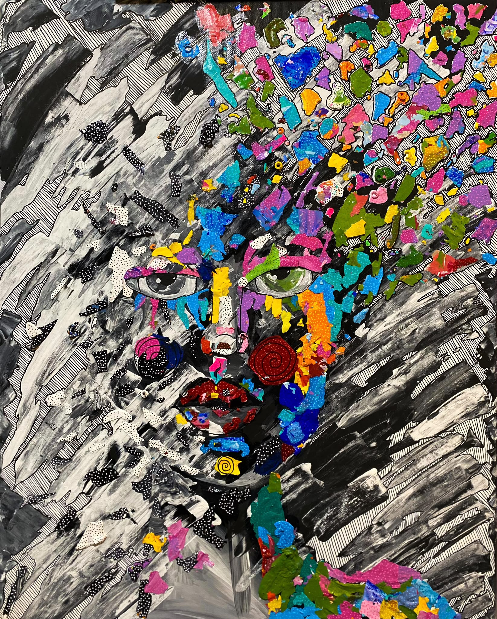 Custom painting inspiration: an expressive portrait with bright paint-chip textures and black-and-white patterned brushwork.