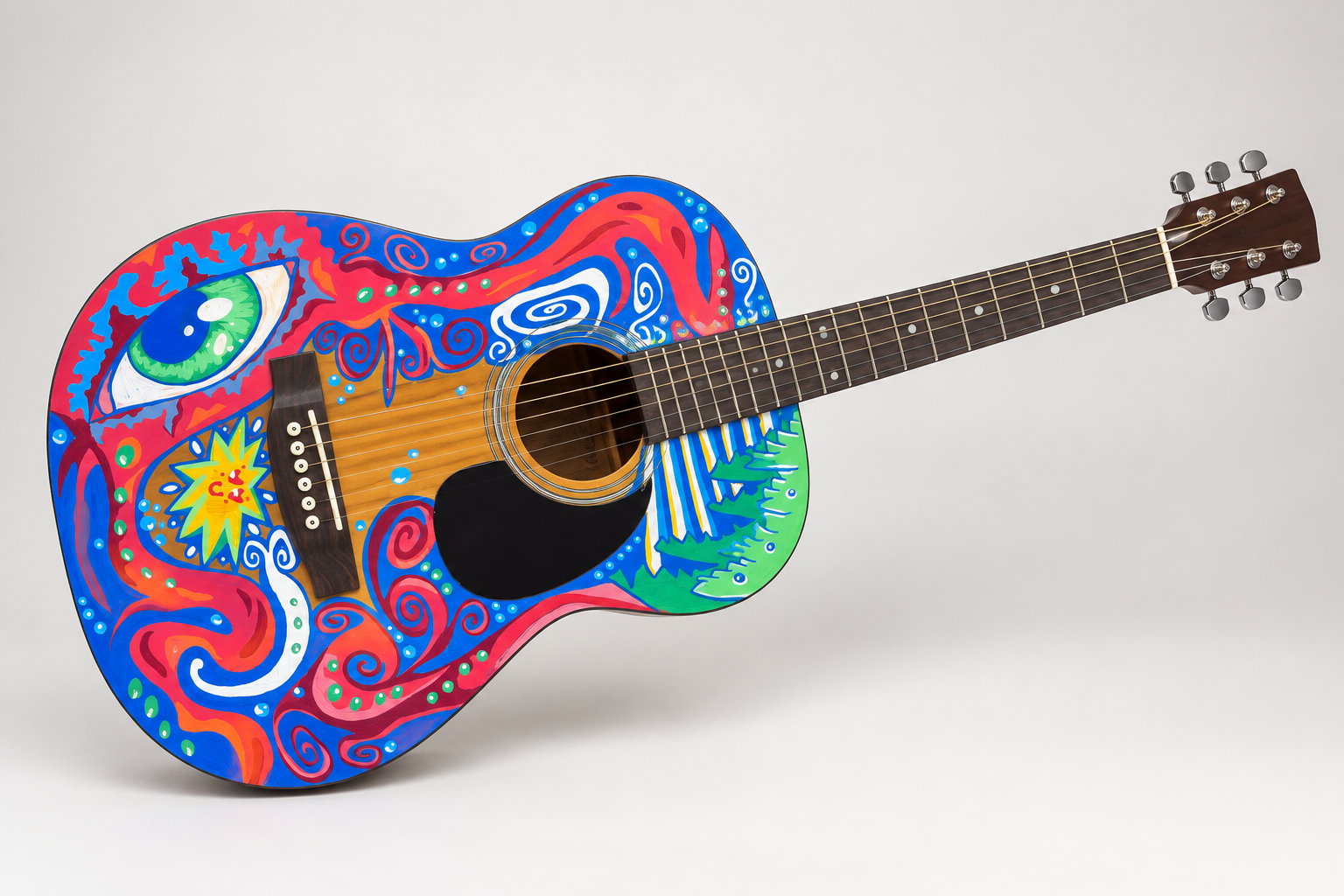Colourful hand-painted guitar, an example of custom art on an object.