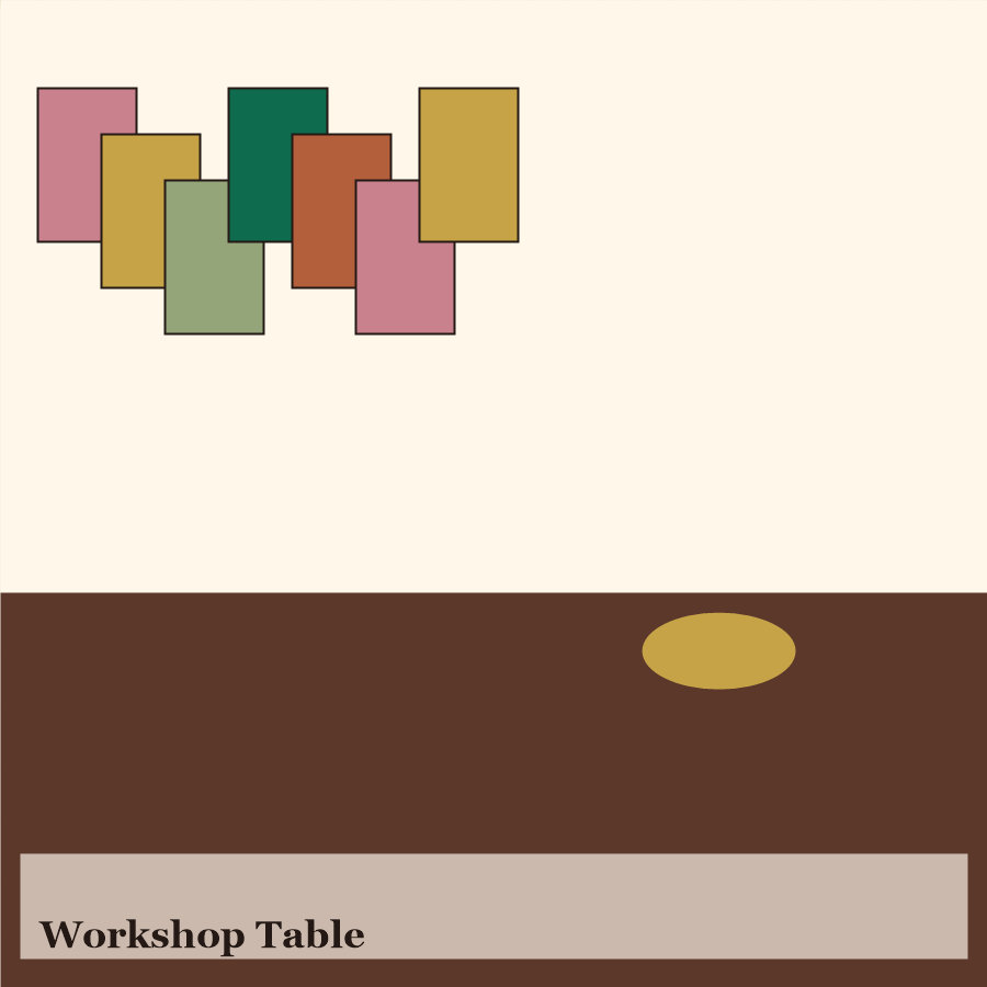 Workshop table placeholder with creative materials.