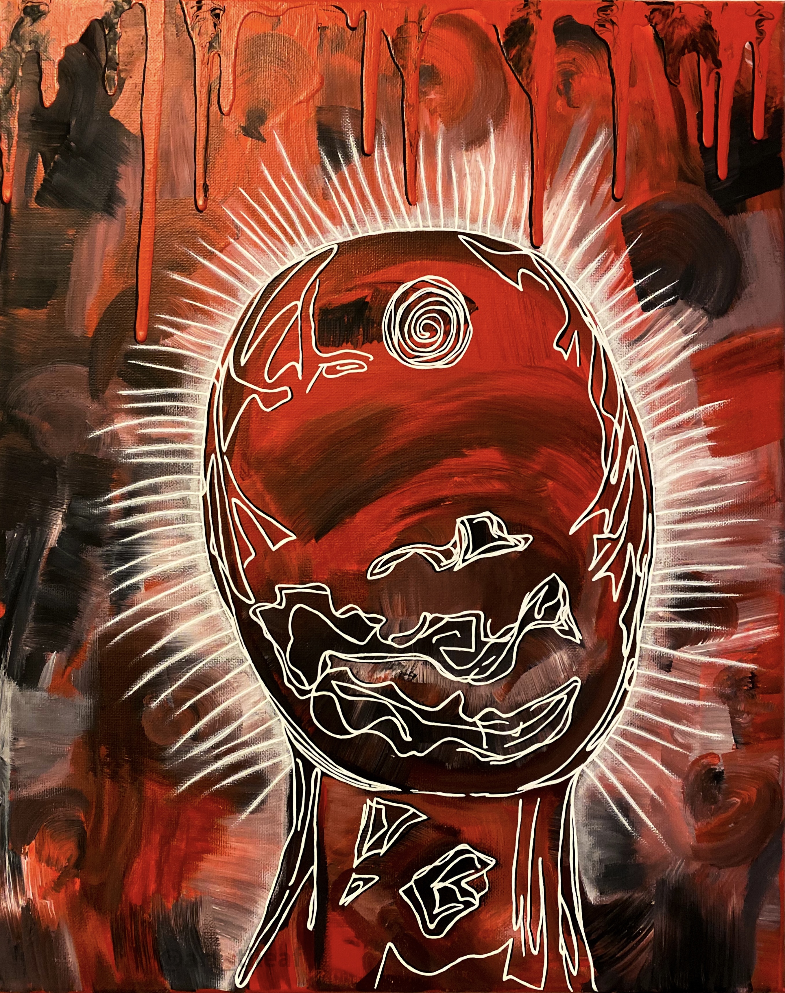 Acrylic painting titled Blackout with a glowing red figure, black marks, and white radiating linework.