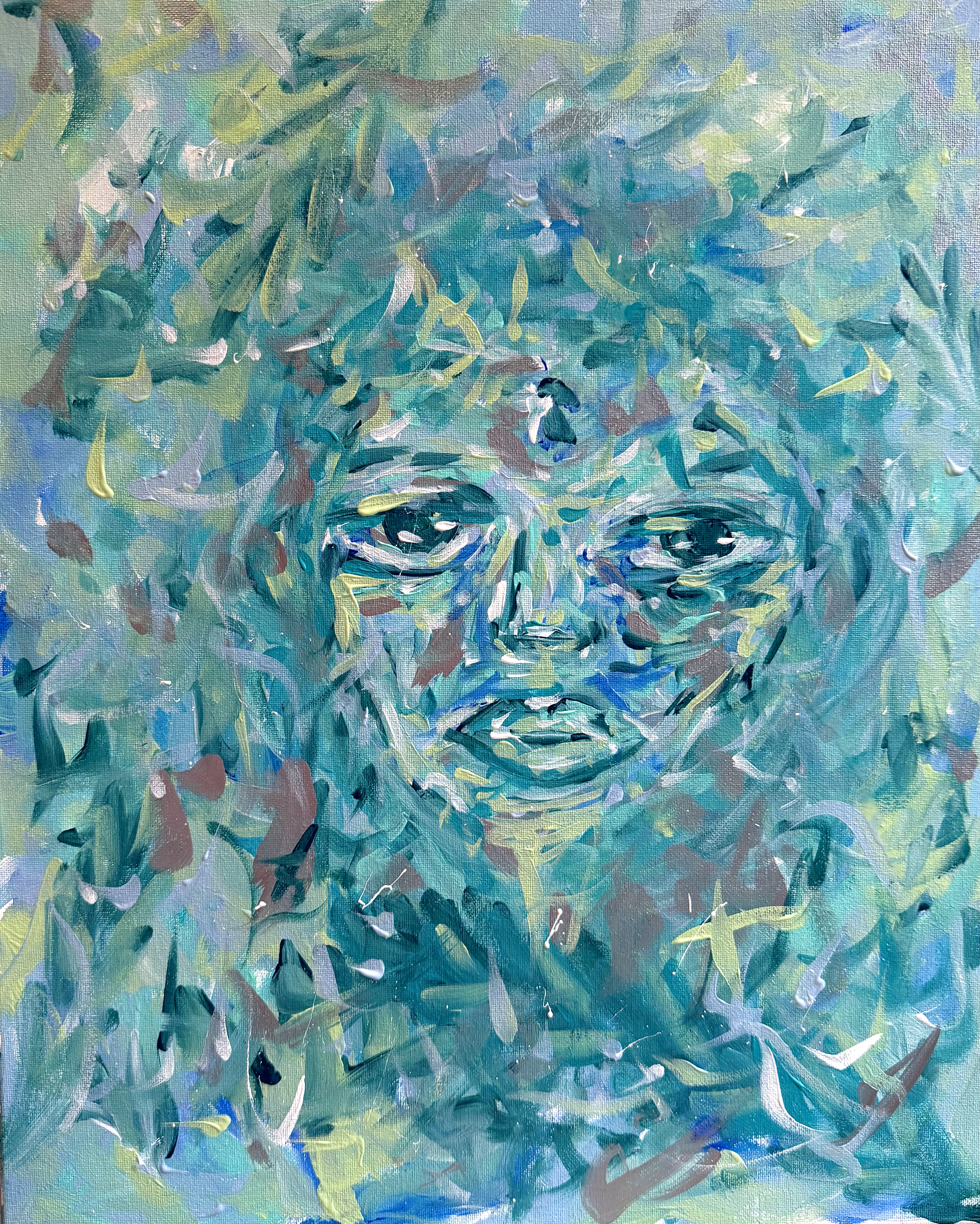 Blue acrylic painting titled Dissolve with layered brushwork and a face emerging from the marks.
