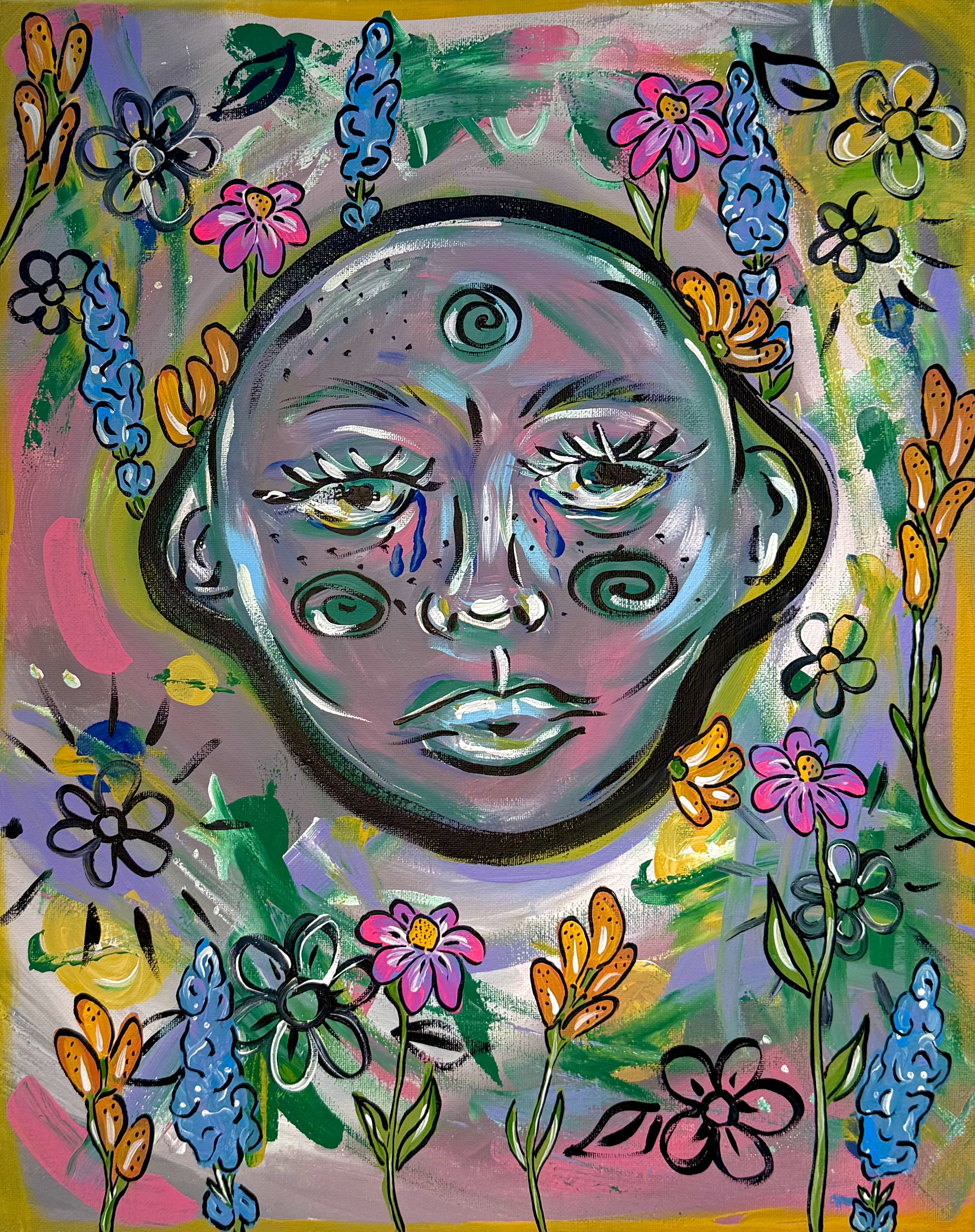 Acrylic painting titled Florabound with a painted face surrounded by flowers, vines, and colorful marks.