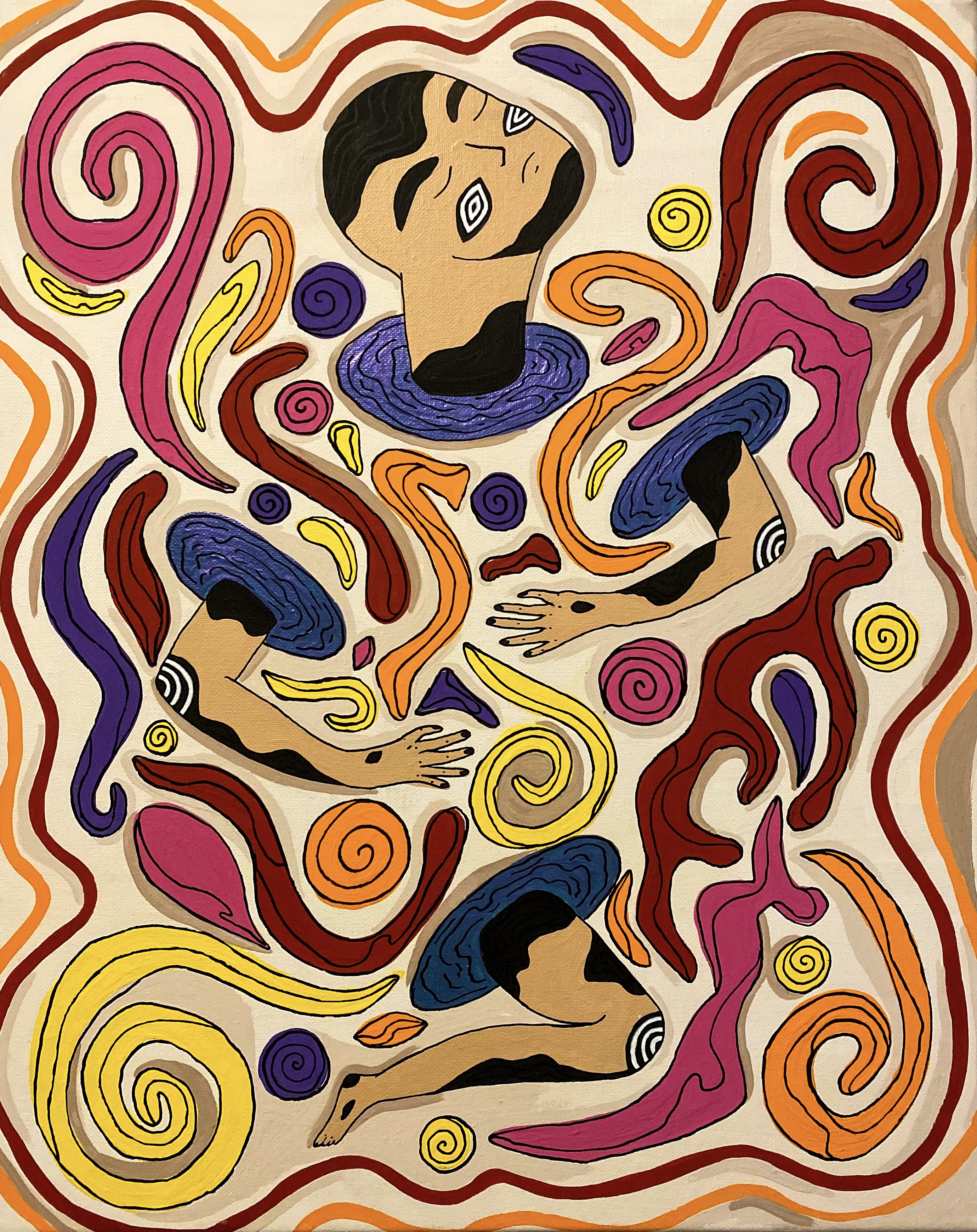 Acrylic painting titled Nerve Song with swirling red, yellow, purple, and cream shapes around small figures.