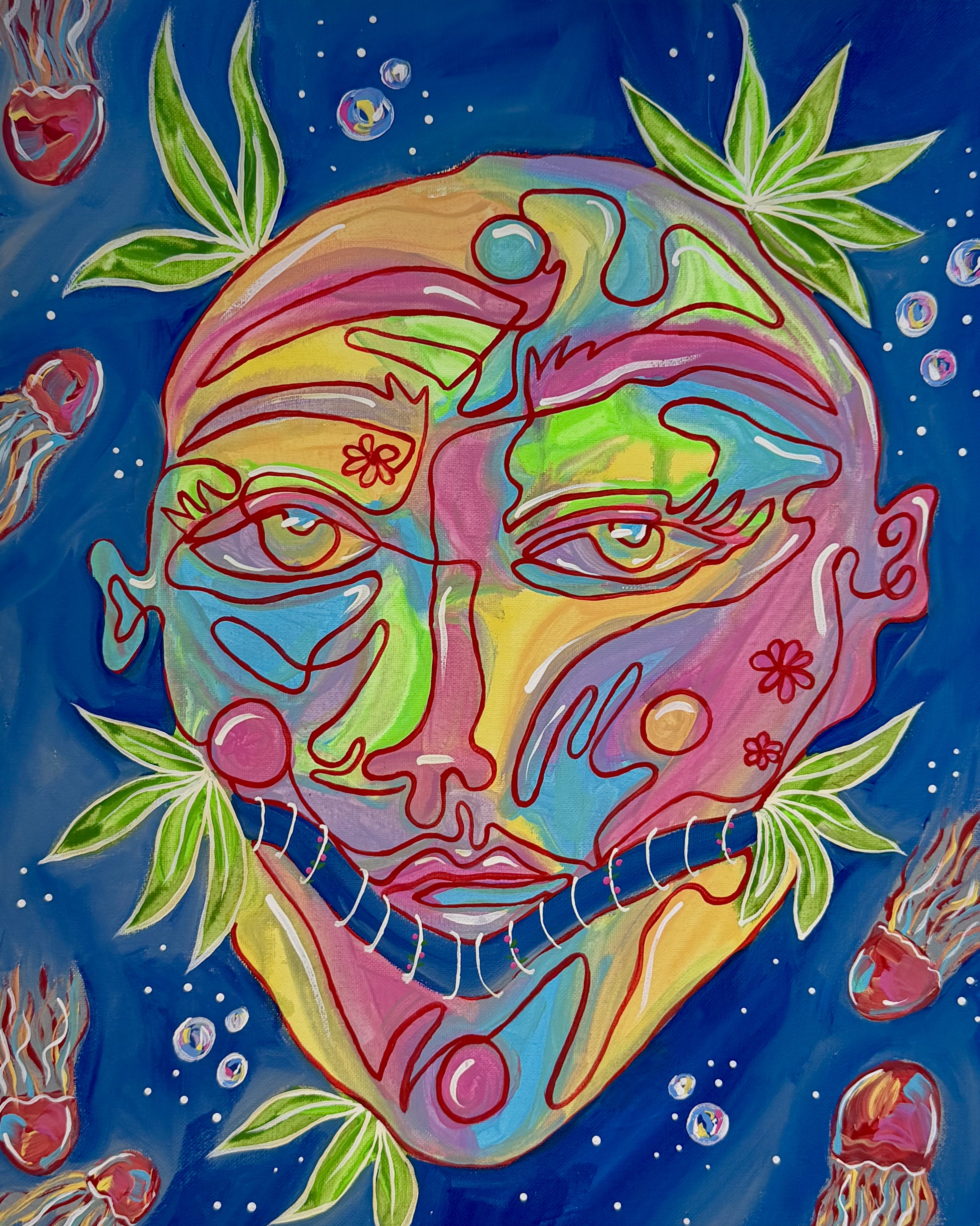 Acrylic painting titled New Air with a colorful face, blue background, green leaves, and bright circular details.