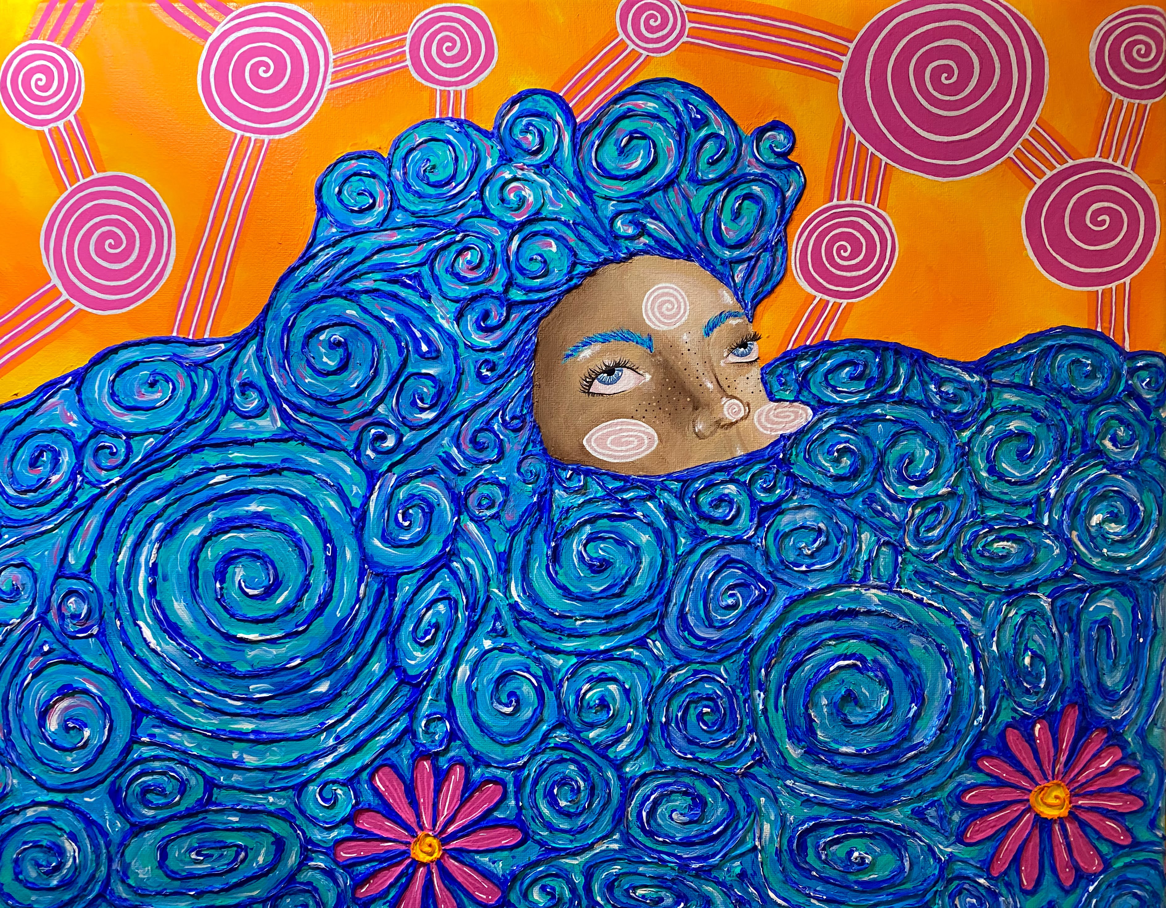 Acrylic painting titled Silently Floating with orange sky, blue swirling water, flowers, and a small floating figure.