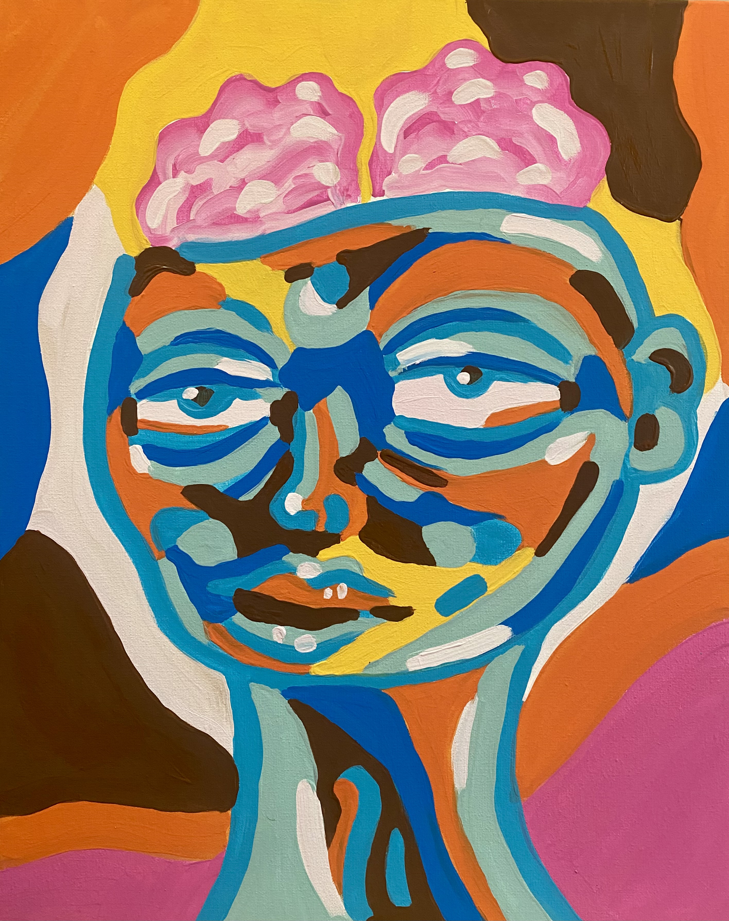 Acrylic painting titled Spill Over with a blue-striped face, pink shapes on top, and bold orange and black background forms.