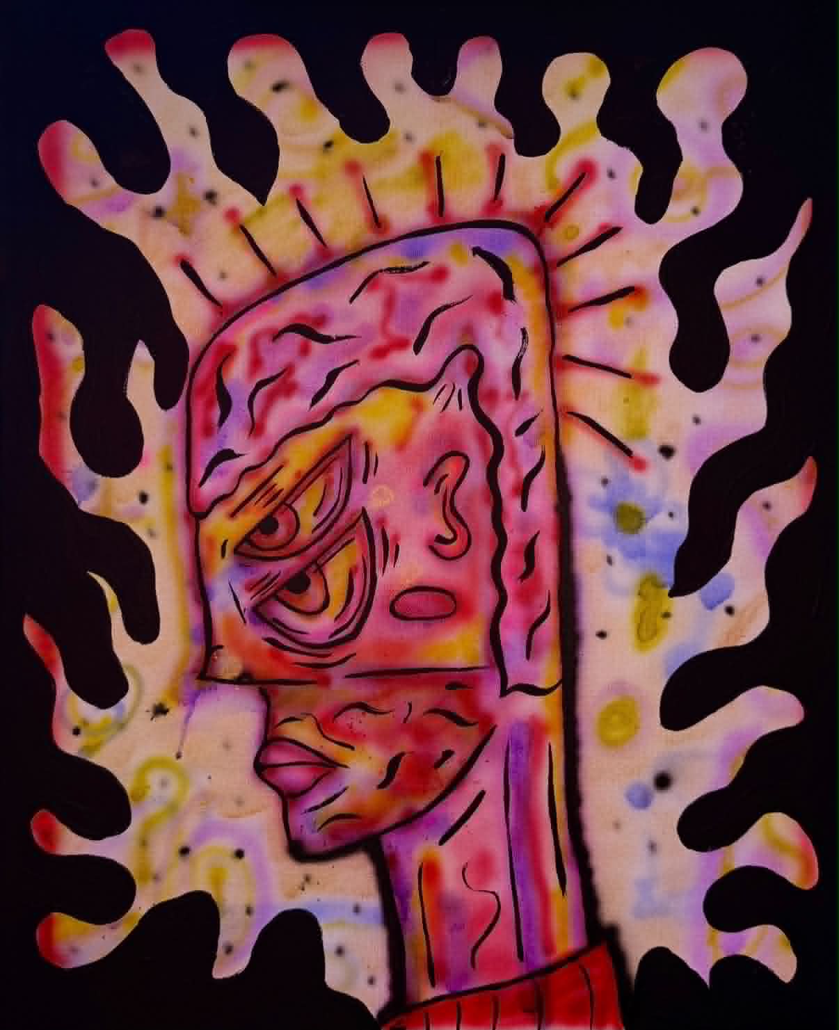 Acrylic painting titled Burning Through with two pink faces surrounded by bright flame-like shapes on black.