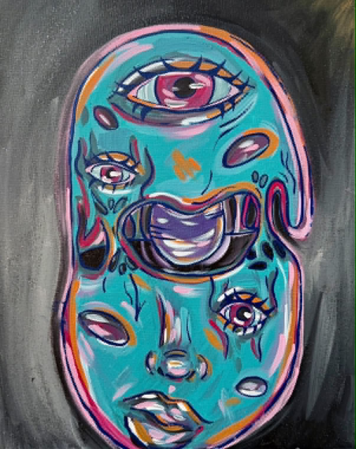 Acrylic painting titled Mixed Feelings with overlapping turquoise faces, eyes, and colorful linework.