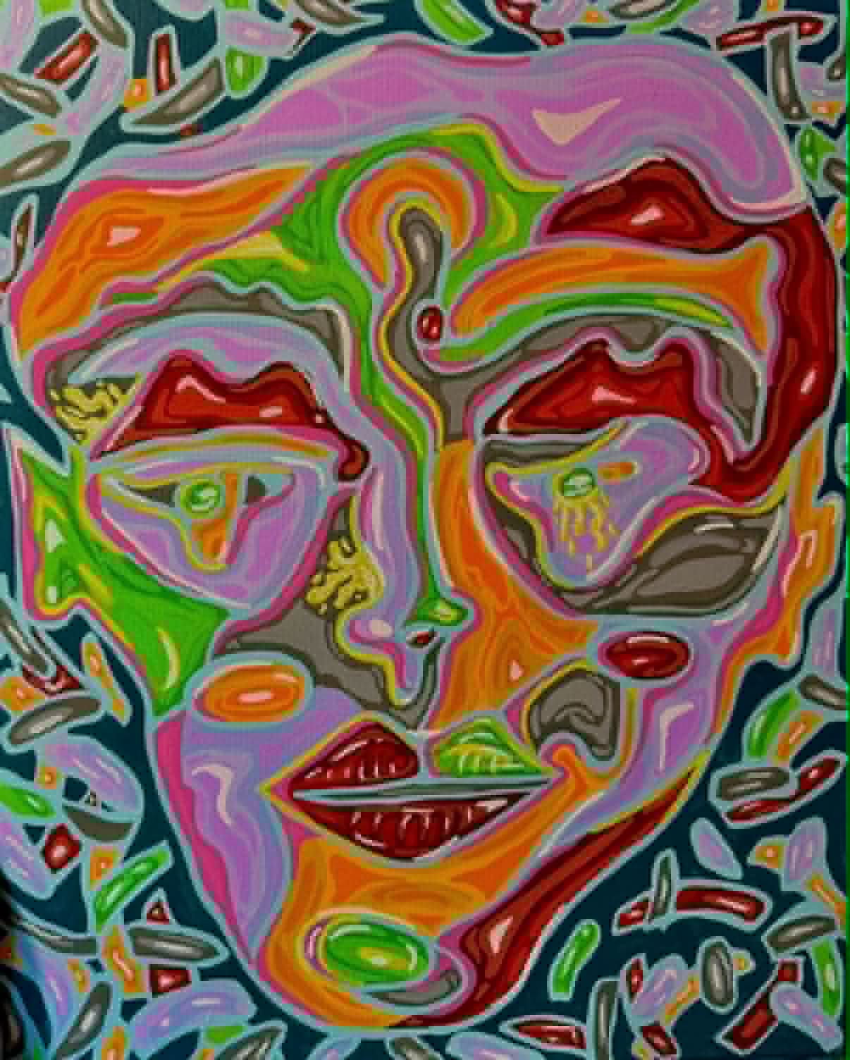 Acrylic painting titled Quiet Noise with layered purple, orange, green, and red faces on deep teal.