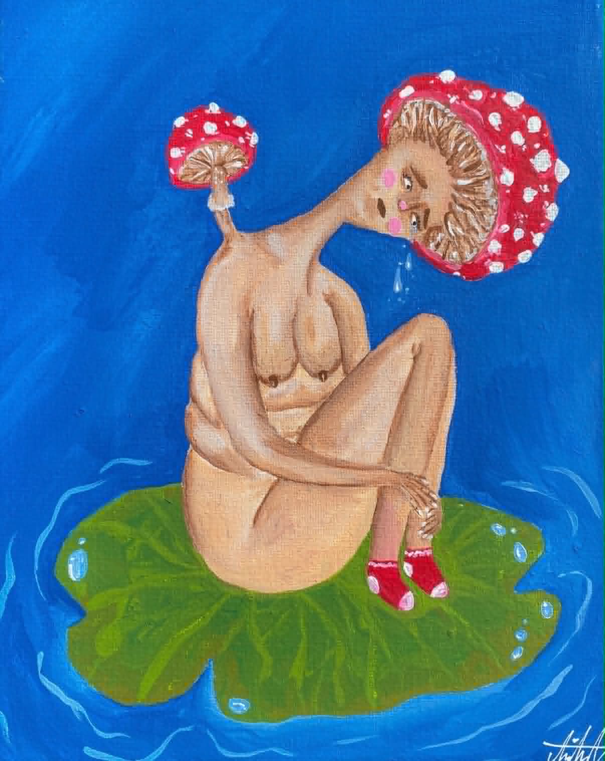 Acrylic painting titled Softly Rooted with a seated figure wearing a red-spotted mushroom cap on a lily pad in blue water.
