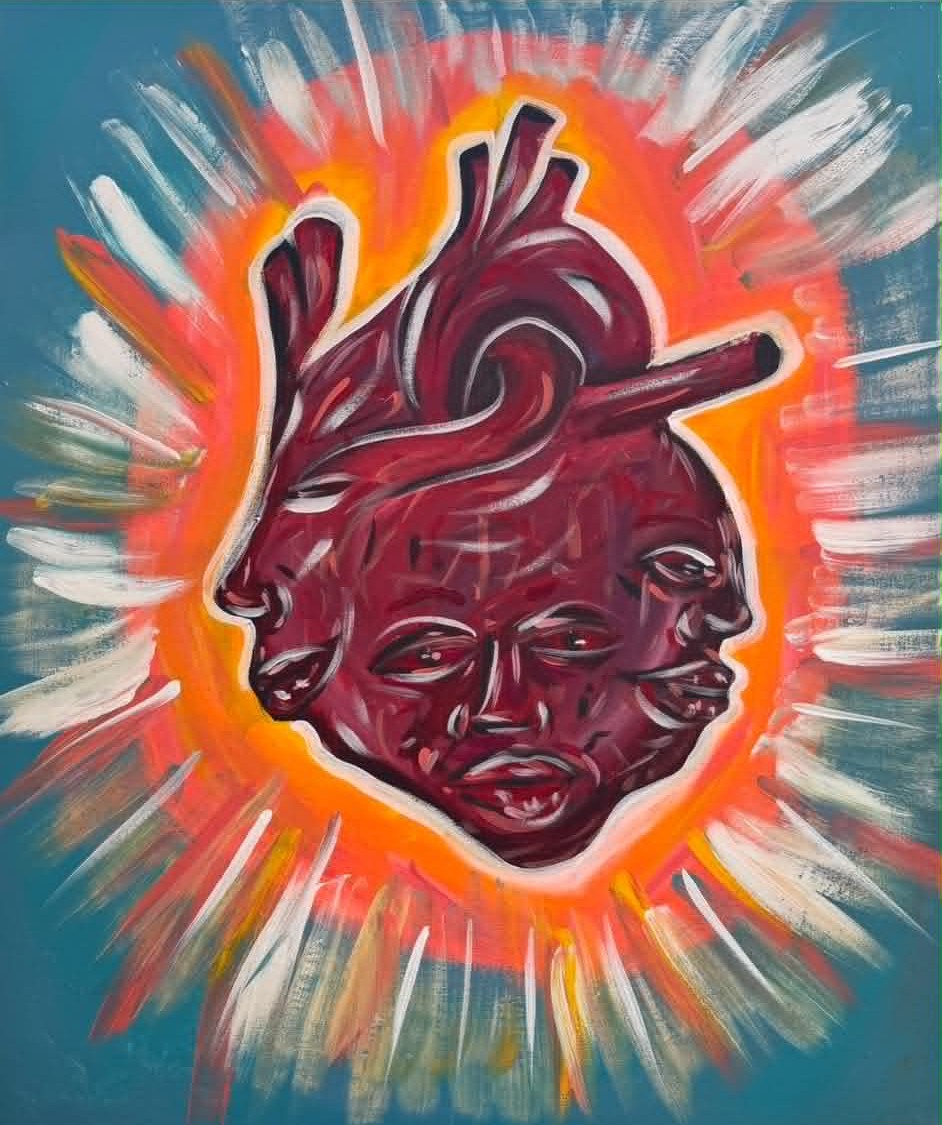 Acrylic painting titled Tender Ache with a many-faced burgundy heart glowing orange against teal.