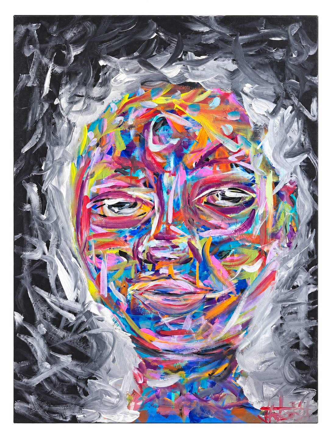 Acrylic portrait titled Unravel with layered colourful facial brushwork surrounded by black and grey strokes.