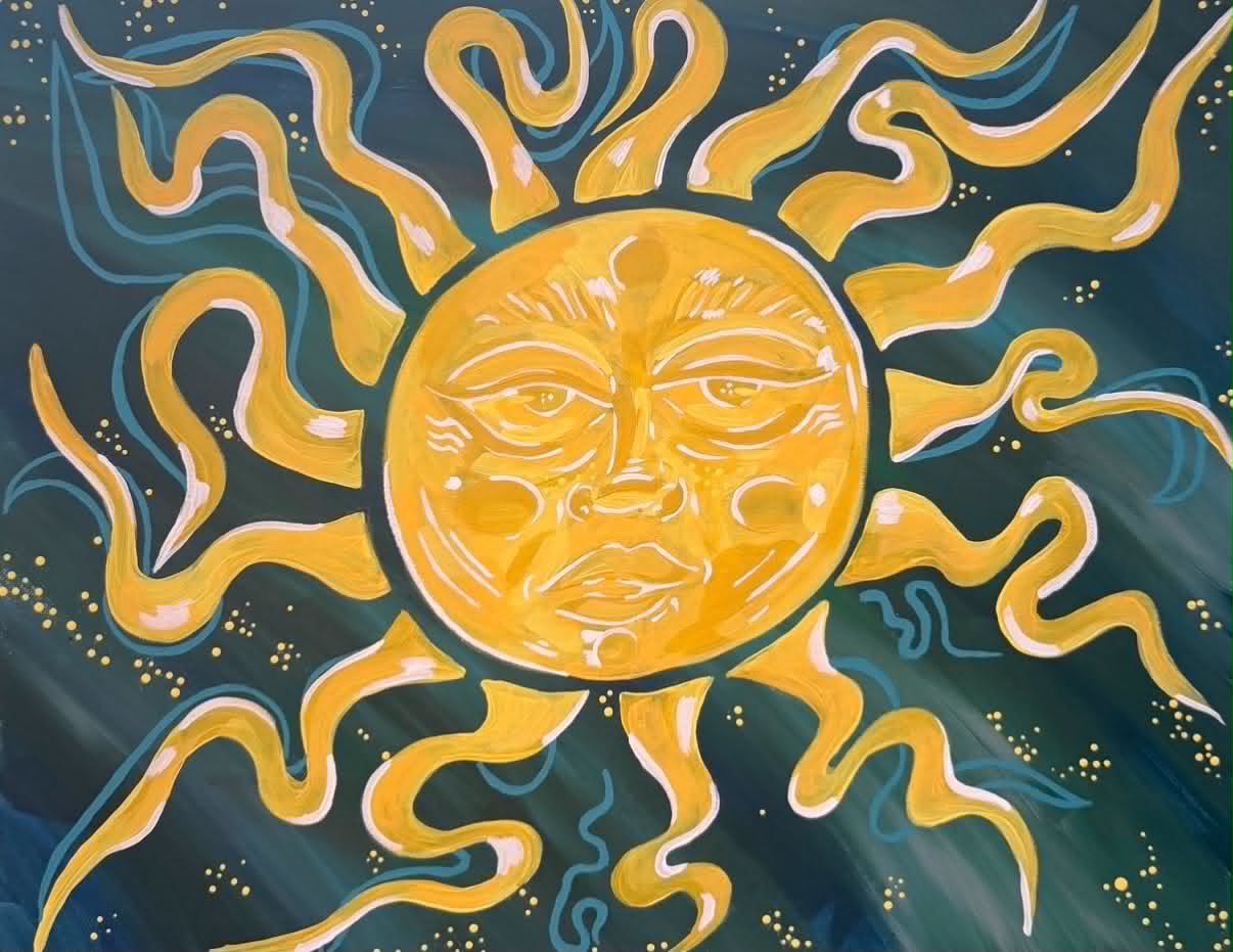 Acrylic painting titled Warm Again with a golden sun face and curling rays against a deep teal sky.