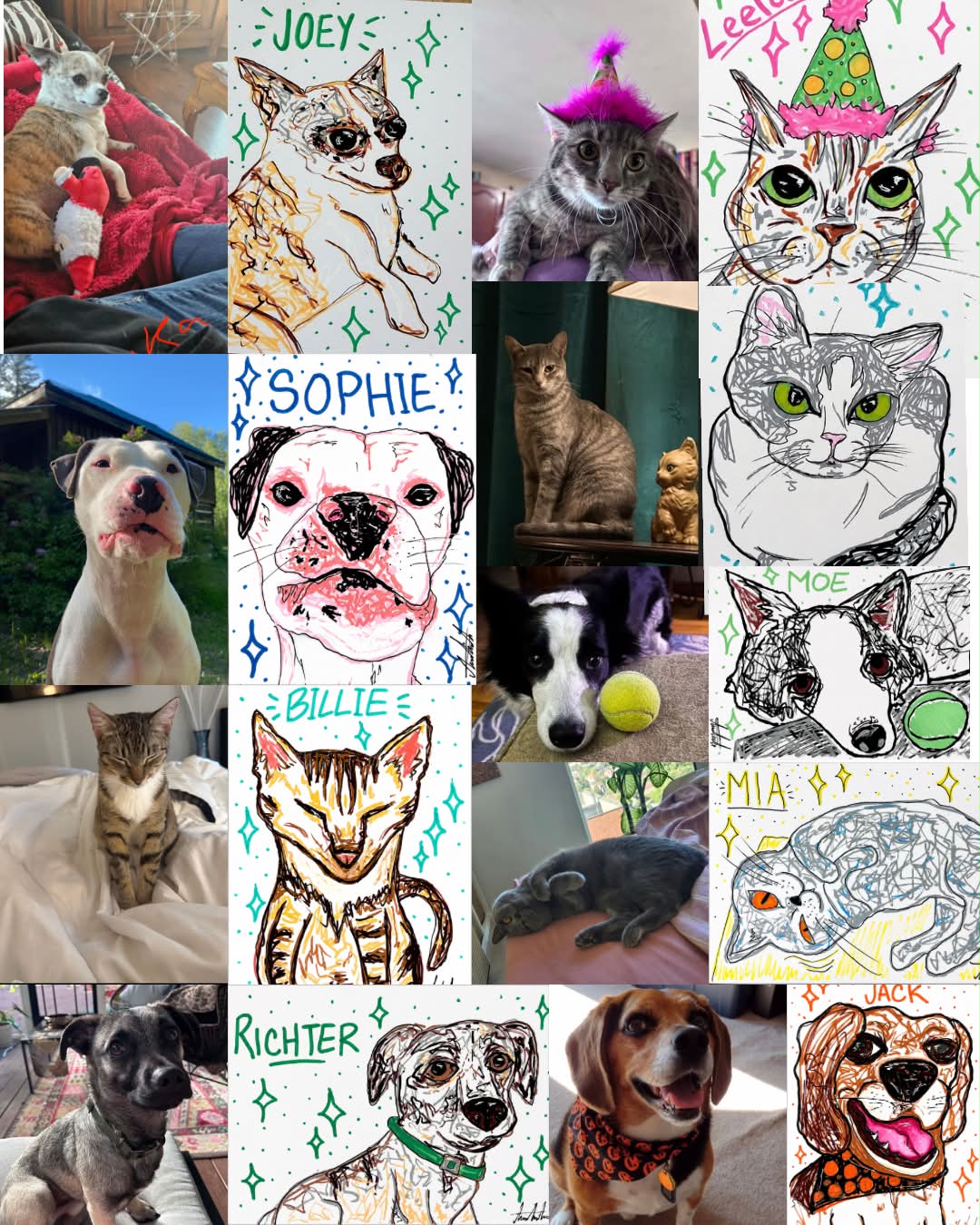 Examples of quick hand-drawn dog and cat portraits beside their reference photos.