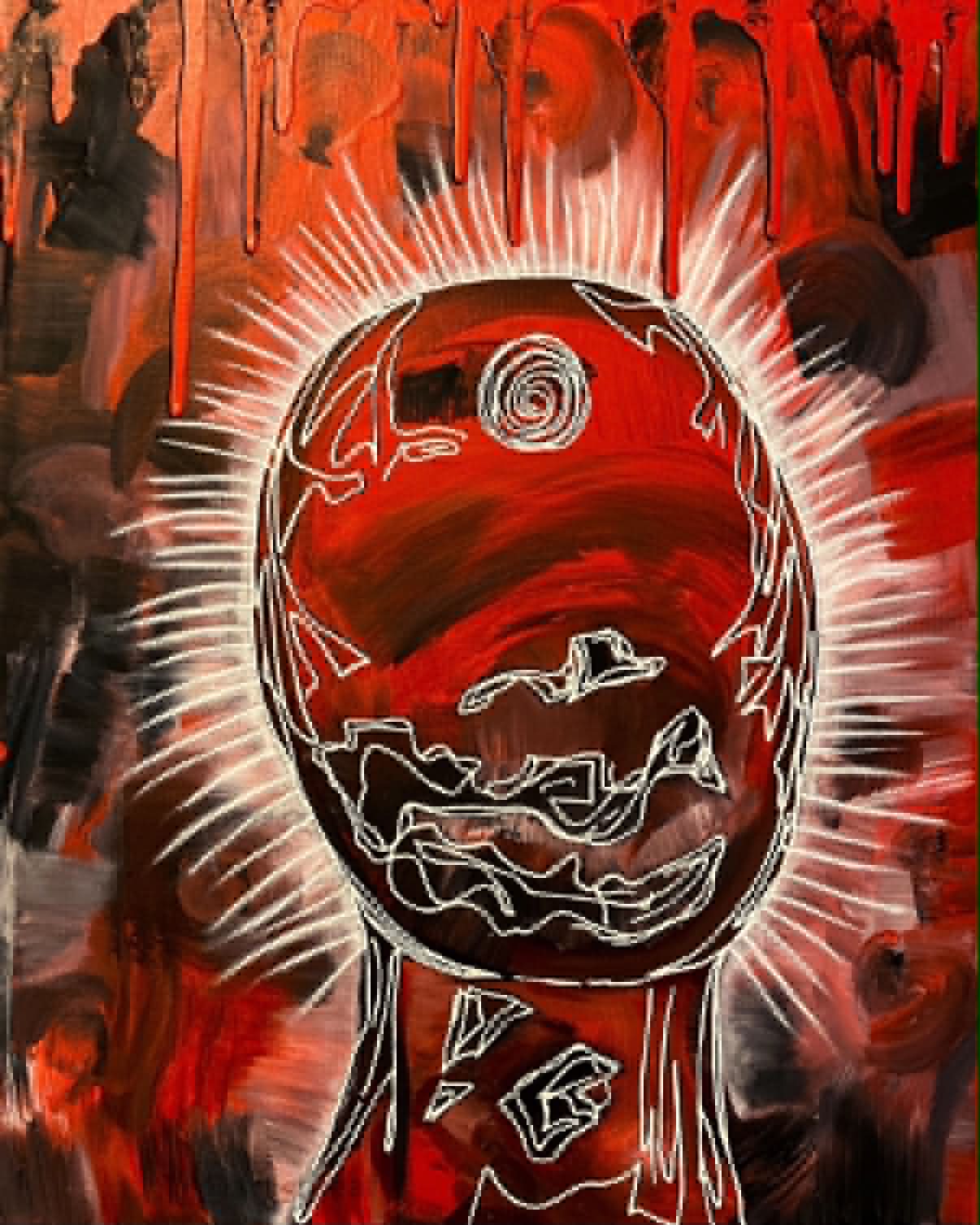 Blackout art print with a red glowing face, dark painted ground, and white linework.