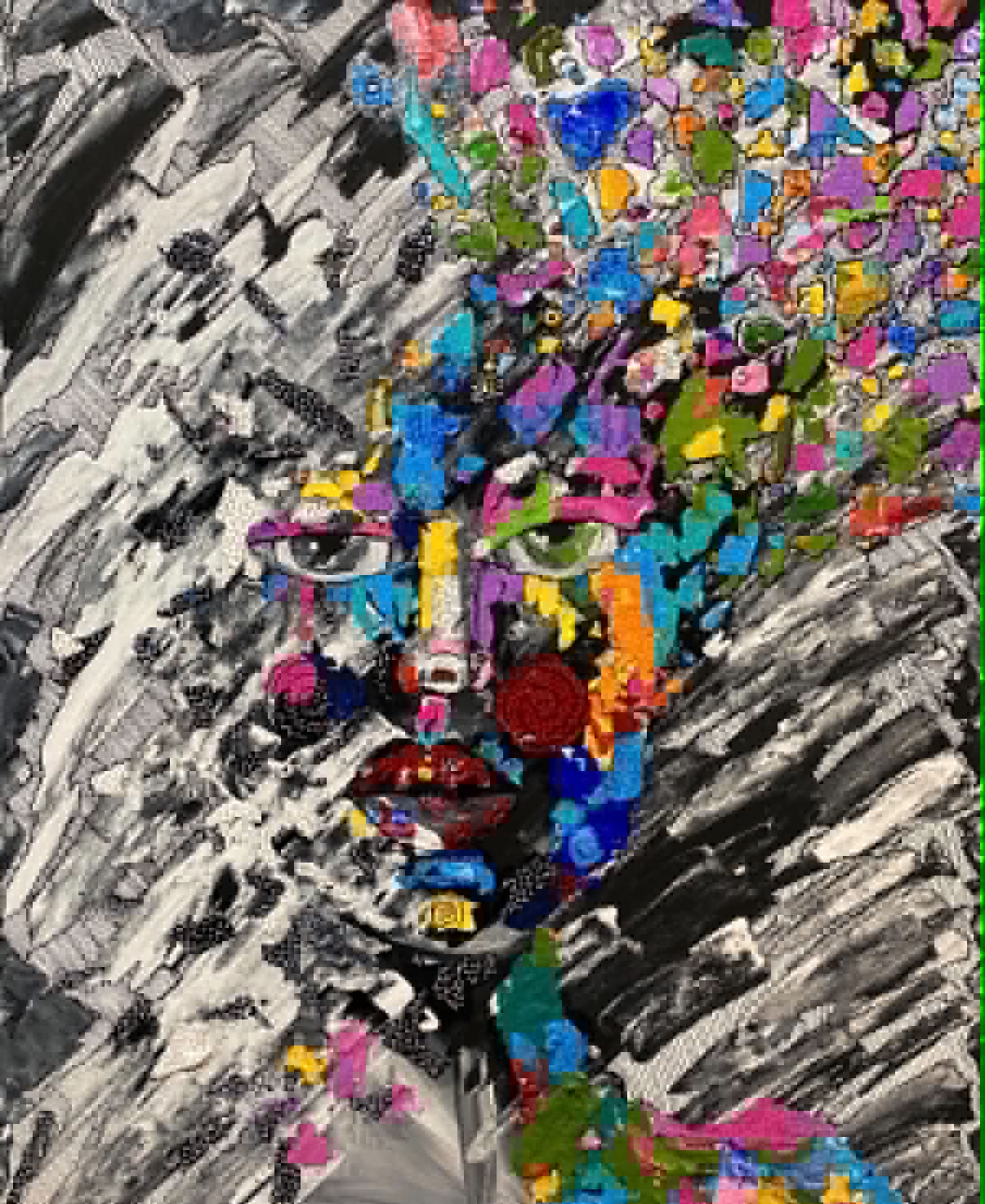 Color Returns art print with an expressive face shifting from grayscale texture into vivid color.