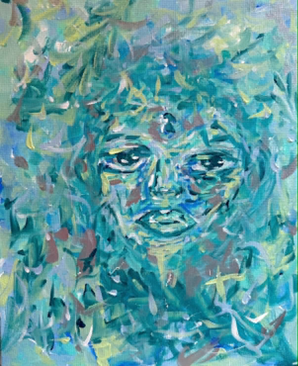 Dissolve art print with a face emerging through turquoise, blue, and green brushwork.