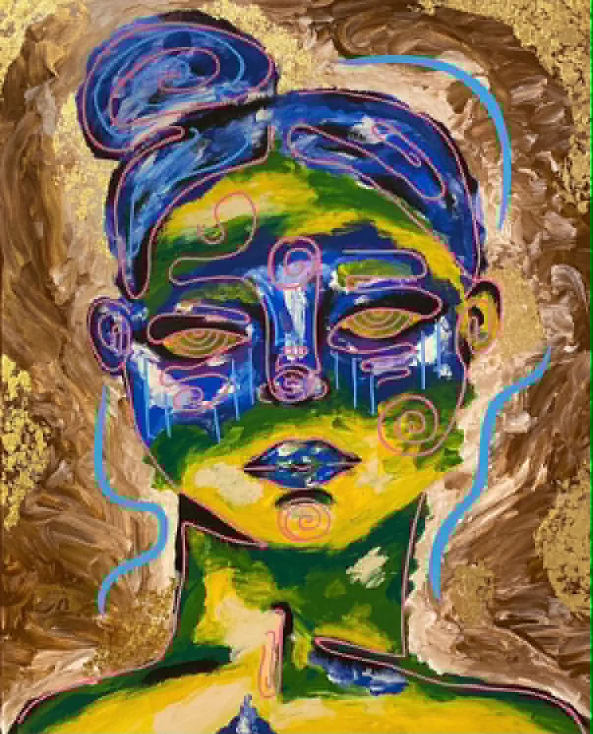 Held Together art print with a green and blue face inside a textured brown ground.